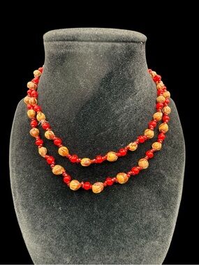 Red and Gold Beaded Opera Length Necklace